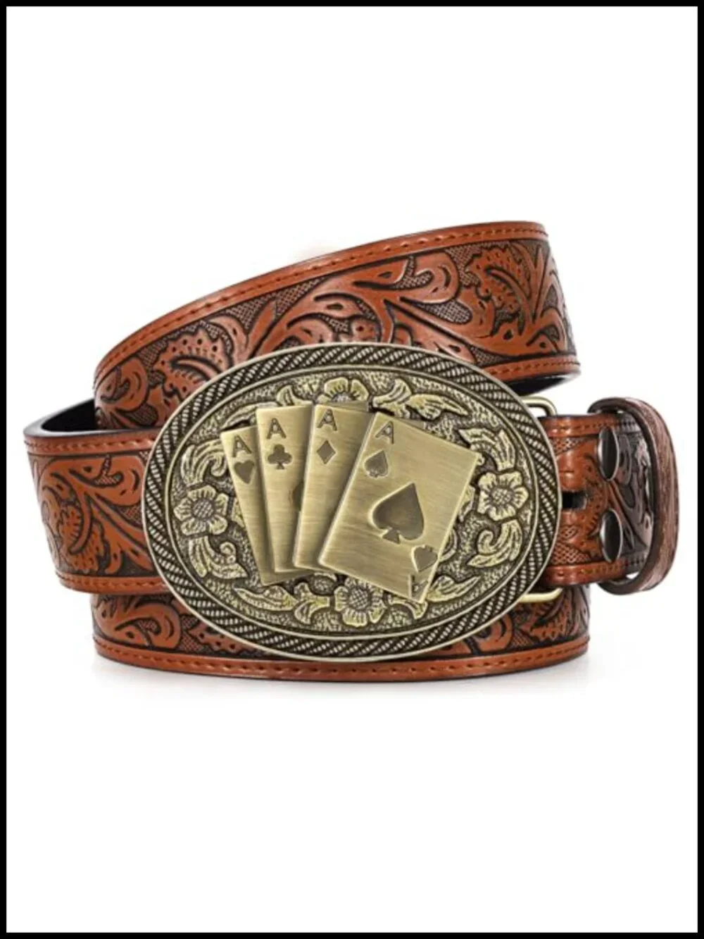 Western Cowboy Leather Belt with Longhorn Poker Buckle
